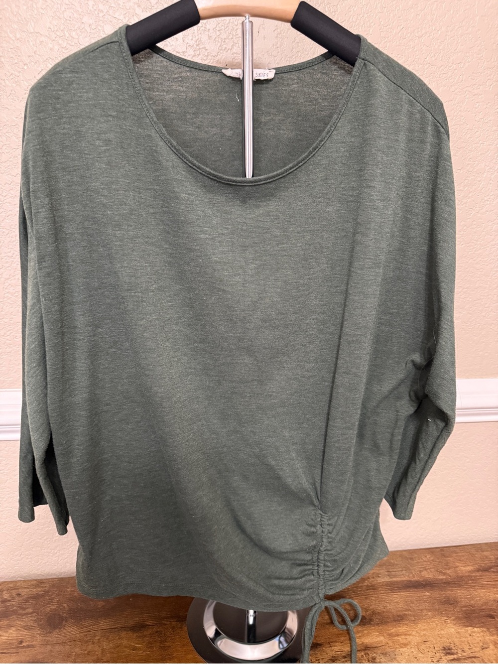 Relaxed Olive Green Long-Sleeve Top with Side Drawstring